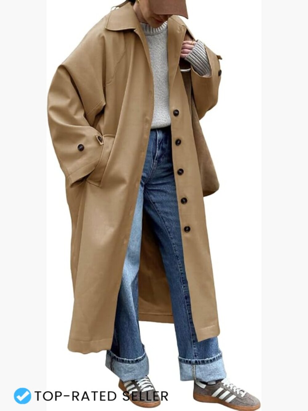 Oversized Long Trench Coat Classic Lapel Single Breasted Windproof Fall Overcoat